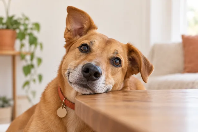 Cachorro caramelo com a cabeça inclinada, apoiada na mesa.