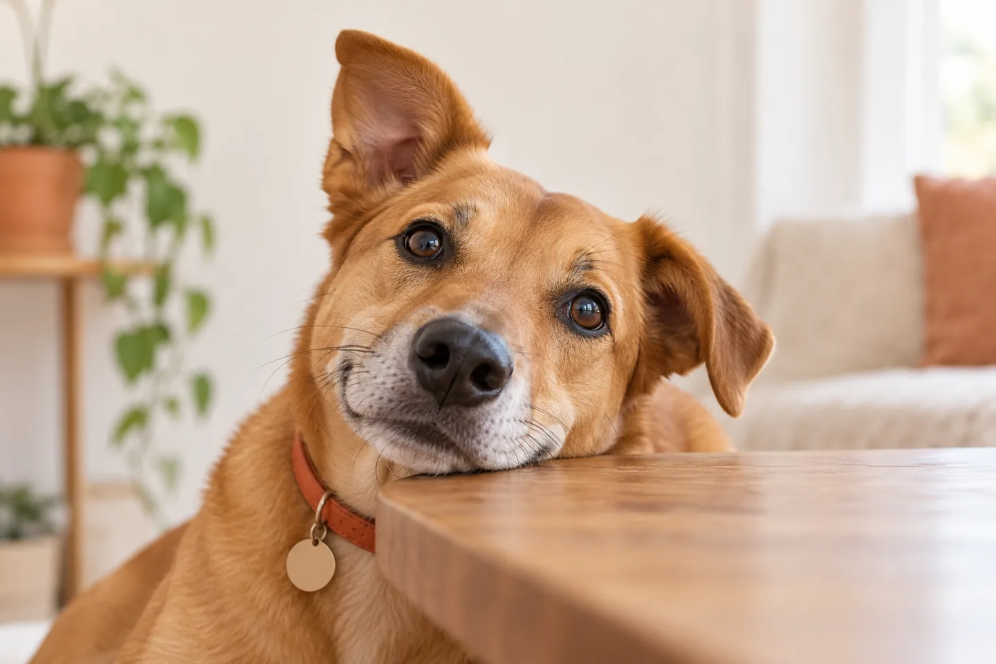 Cachorro caramelo com a cabeça inclinada, apoiada na mesa.
